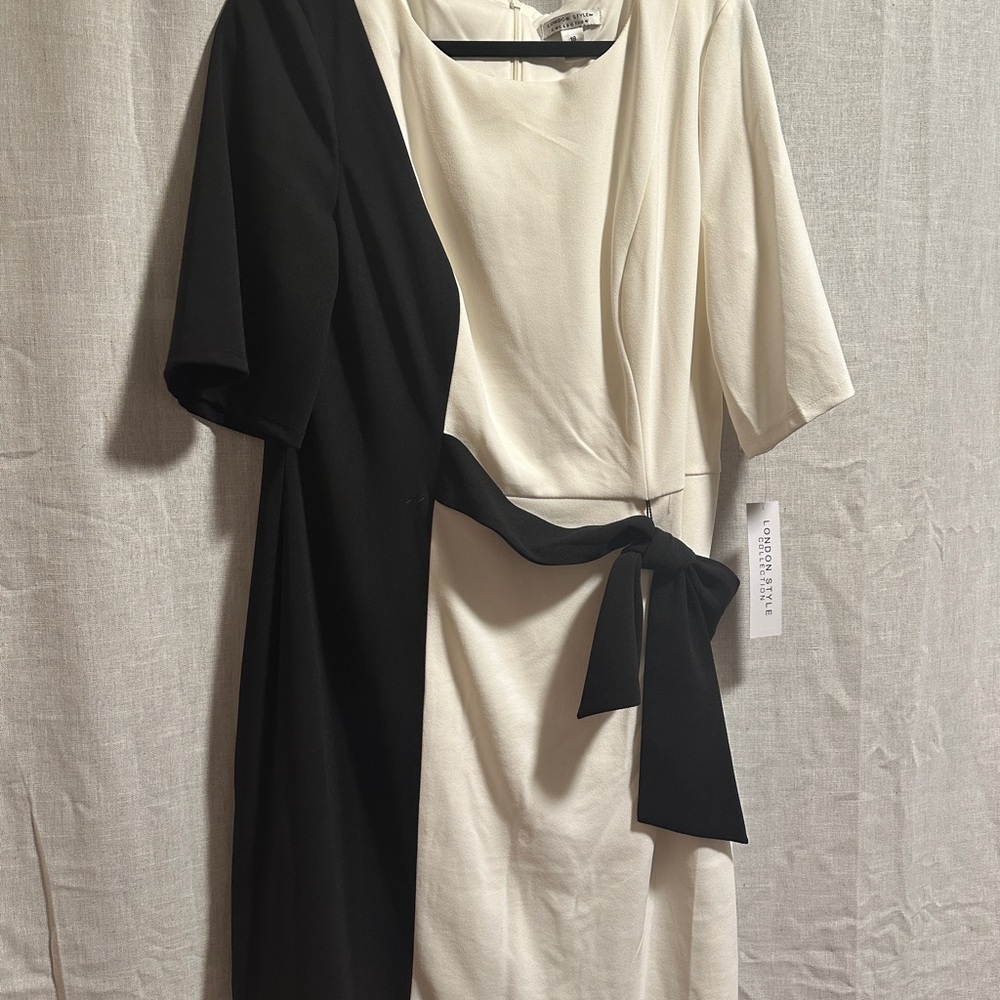 London Times Black and White Colorblock Tie-Waist Midi Dress